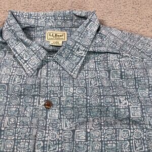 LL Bean Shirt Adult Large Blue Tiki Tribal Hawaiian Print Short Sleeve Button Up